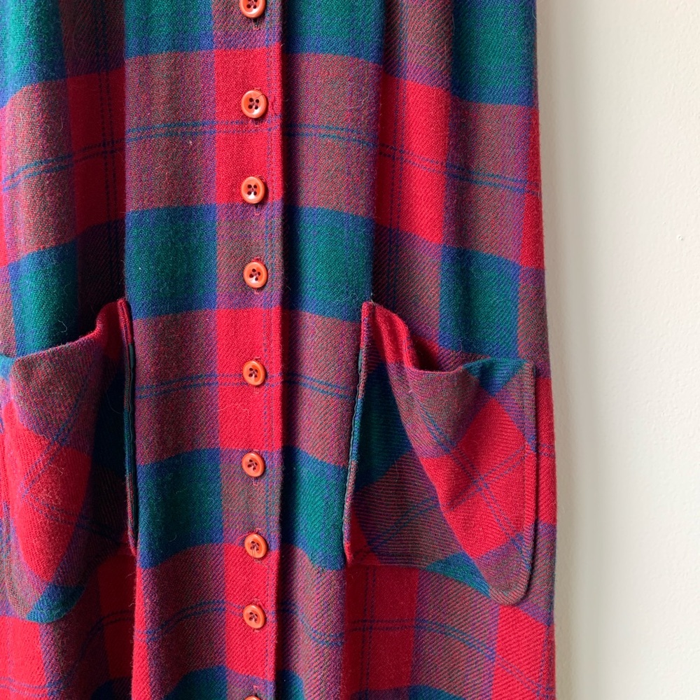 Vintage 70s Plaid Sleeveless Wool Maxi Pinafore Dress - Picture 3 of 6